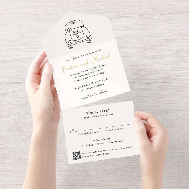 Hand Drawn Car Doodle QR Code Modern Wedding All In One Invitation (Tearaway)