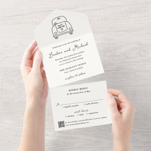 Hand Drawn Car Doodle QR Code Modern Wedding All In One Invitation (Tearaway)