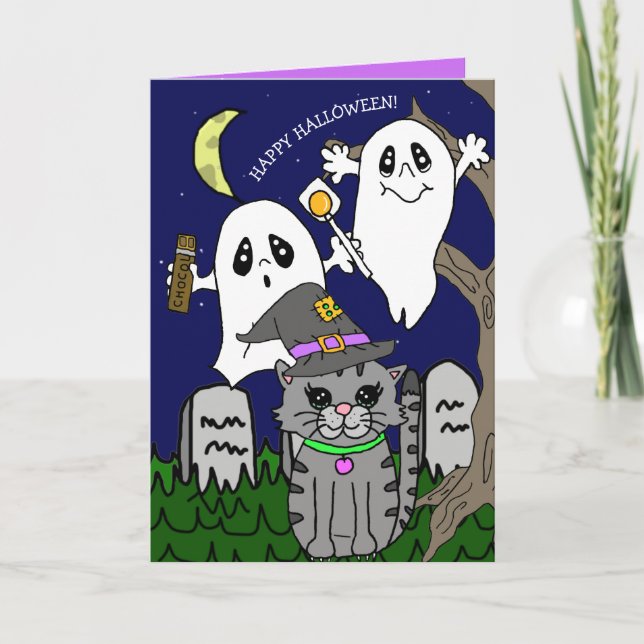 Hand Drawn Cartoon Cat  Halloween Greetings Holiday Card (Front)