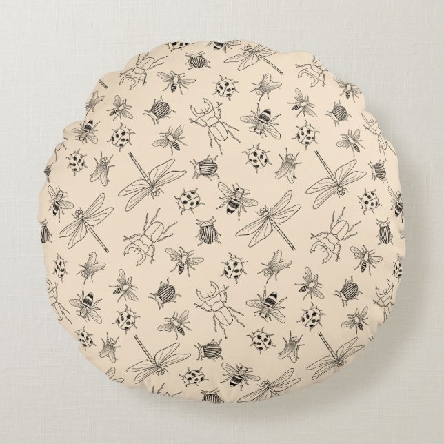 Hand-Drawn Cartoon Insects Pattern  Round Pillow (Front)