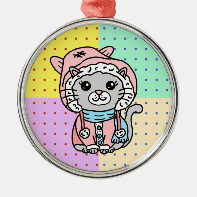 Hand drawn Cartoon Kitty Cat in Winter Hat Metal Ornament (Front)
