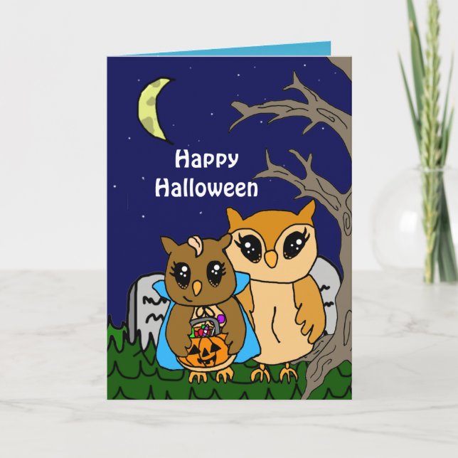 Hand Drawn Cartoon Owls  Halloween Greetings Holiday Card (Front)