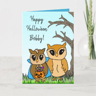 Hand Drawn Cartoon Owls Halloween Greetings Holiday Card