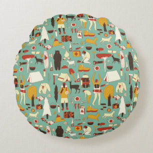 hand drawn cartoon seamless camping pattern. Picni Round Pillow