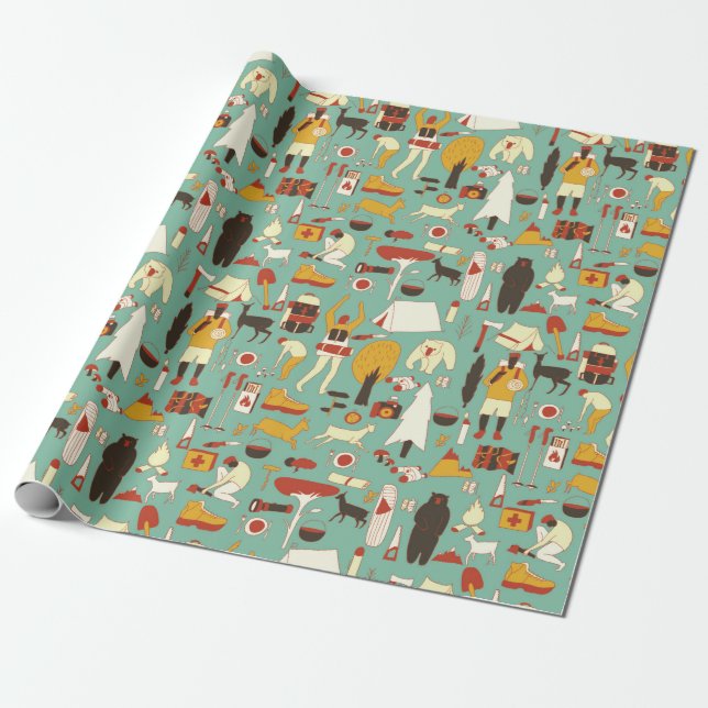 hand drawn cartoon seamless camping pattern. Picni Wrapping Paper (Unrolled)