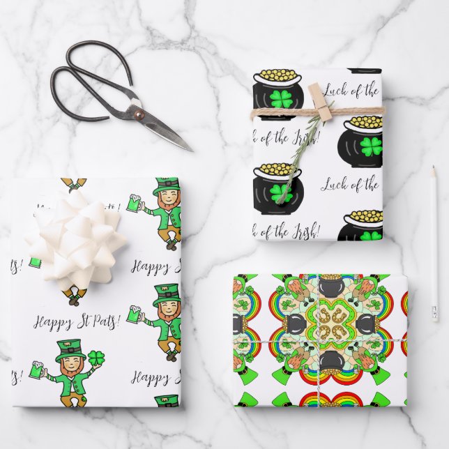 Hand drawn cartoon St Patrick's Day Wrapping Paper Sheets (Front)