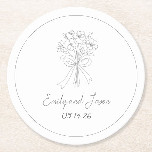 Hand Drawn Casual Flower and Bow Whimsical Wedding Round Paper Coaster