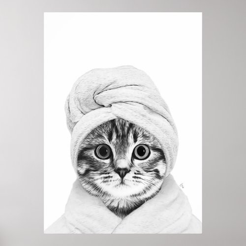 Hand_drawn Cat in Bathrobe and Towel Artwork _ Whi Poster
