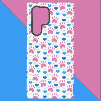 Hand Drawn Cat Paws Hearts Meows Pink Blue Green Samsung Galaxy S22 Ultra Case