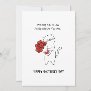 Hand-drawn Cat Red Roses Flowers Mother's Day Holiday Card