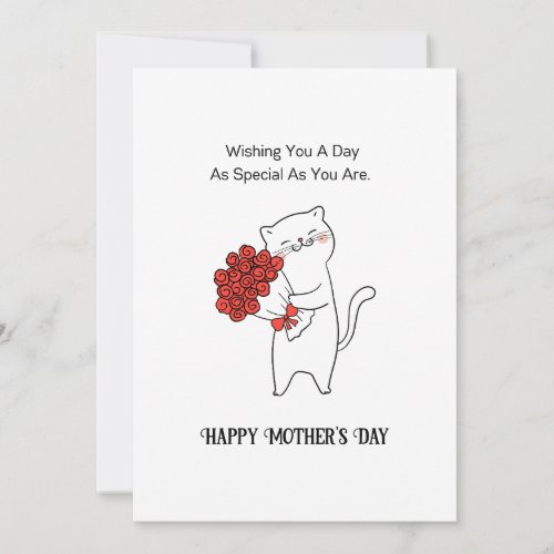 Hand_drawn Cat Red Roses Flowers Mothers Day  Holiday Card