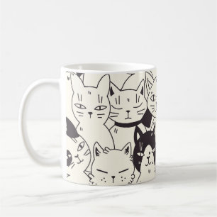 Hand-drawn cats doodle seamless pattern. coffee mug