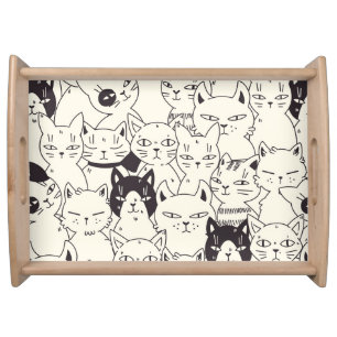 Hand-drawn cats doodle seamless pattern. serving tray