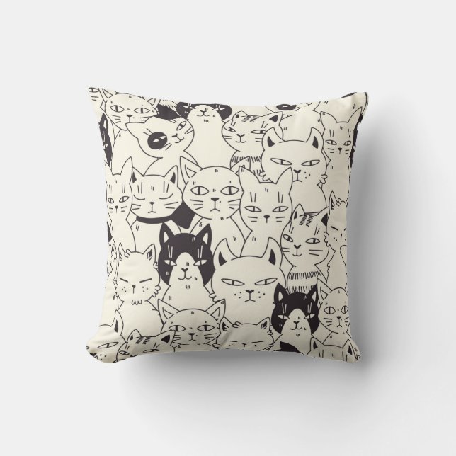 Hand-drawn cats doodle seamless pattern. throw pillow (Front)