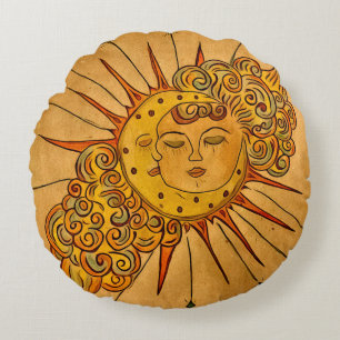 Hand drawn celestial sun & moon round pillow