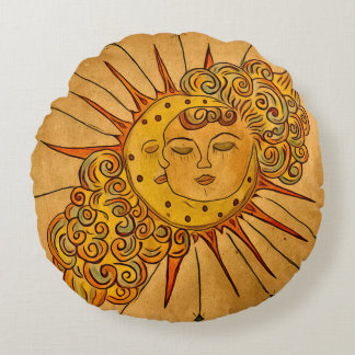 Hand drawn celestial sun & moon  round pillow