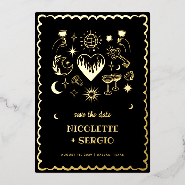 Hand Drawn Celestial Wedding Save the Date in Gold Foil Invitation (Front)