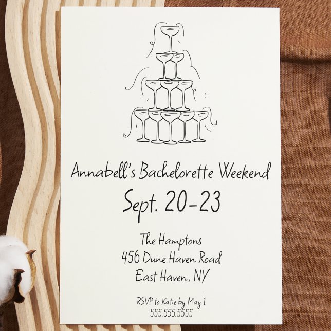 Hand Drawn Champagne Bachelorette Party Weekend  Invitation (hand drawn bachelorette party invitation black and white Champagne glass tower modern simple cute)
