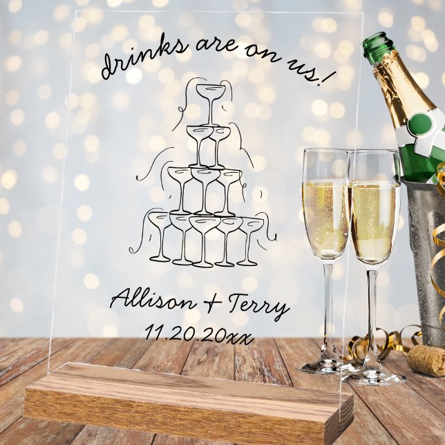 Hand Drawn Champagne Doodle Open Bar Wedding Sign (hand drawn champagne tower wedding open bar clear acrylic sign quirky whimsical reception decor)
