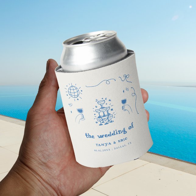 Hand Drawn Champagne French Disco Wedding Favor Can Cooler (Creator Uploaded)
