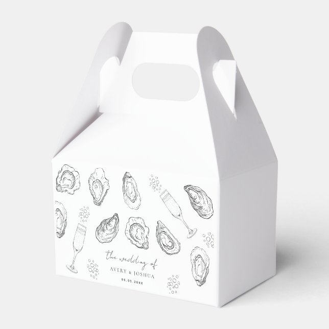 Hand Drawn Champagne & Oysters Roast Wedding Favor Boxes (Front Side)