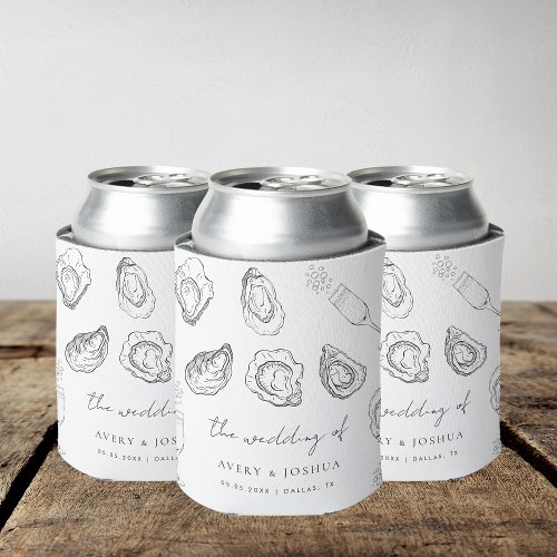 Hand Drawn Champagne  Oysters Roast Wedding Favor Can Cooler