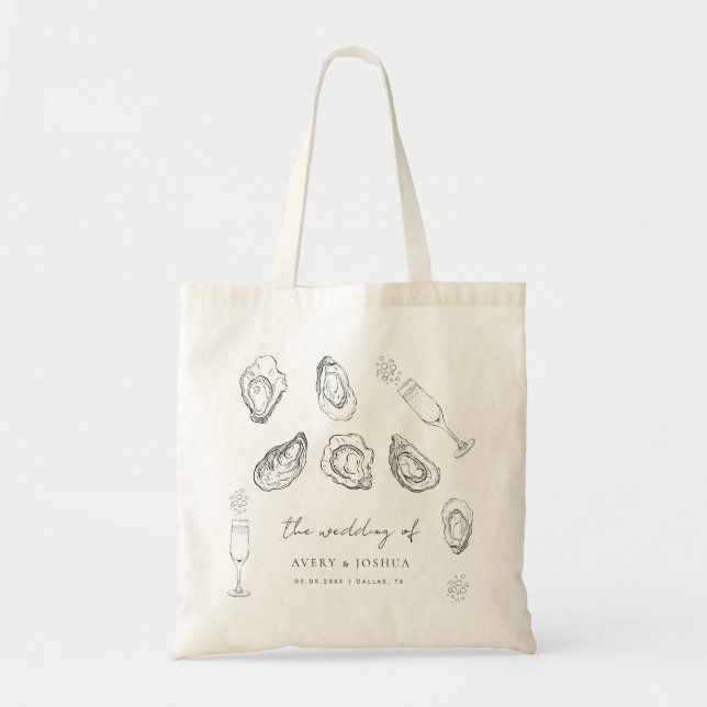 Hand Drawn Champagne & Oysters Roast Wedding Favor Tote Bag (Front)