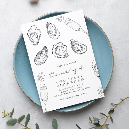 Hand Drawn Champagne  Oysters Roast Wedding Invitation