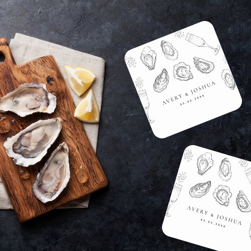 Hand Drawn Champagne  Oysters Roast Wedding Party Square Paper Coaster