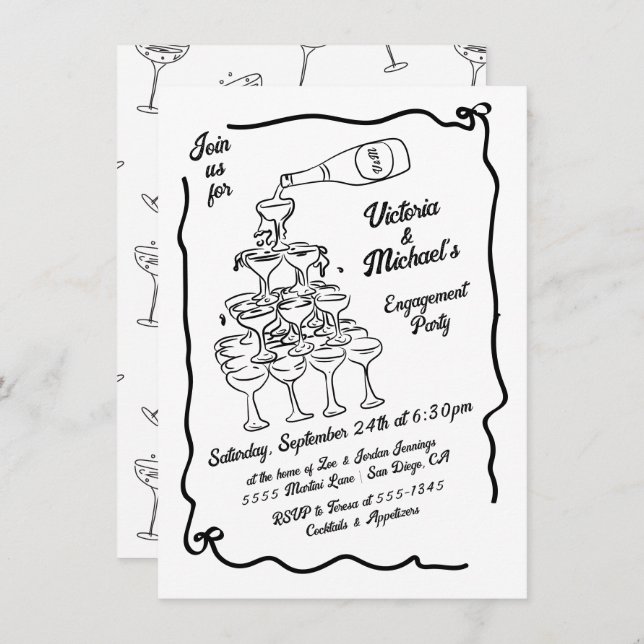 Hand Drawn Champagne Stack Engagement Party Invitation (Front/Back)