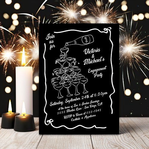 Hand Drawn Champagne Stack Engagement Party Invitation