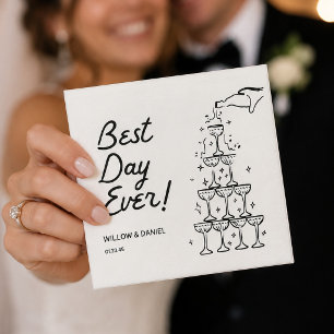Hand Drawn Champagne Tower Best Day Ever Wedding Napkins