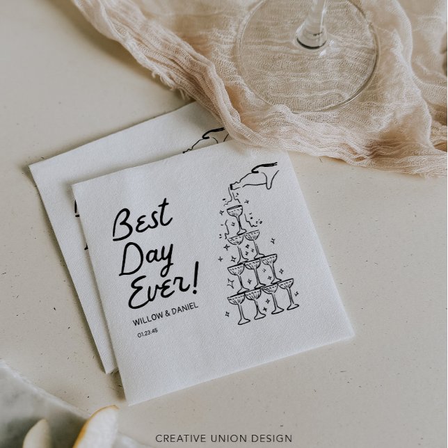 Hand Drawn Champagne Tower Best Day Ever Wedding Napkins (Creator Uploaded)
