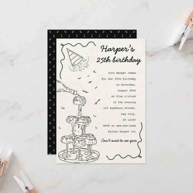 Hand-drawn Champagne tower birthday Invitation (Front/Back In Situ)
