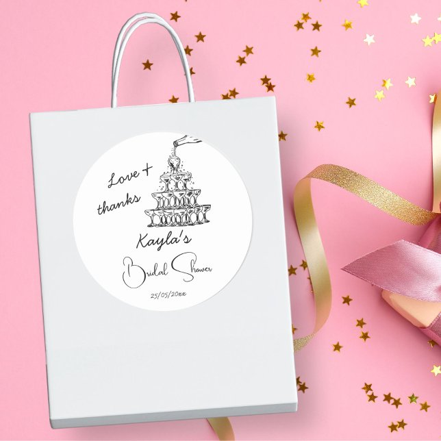 Hand drawn champagne tower bridal shower favor classic round sticker (Hand drawn scribble champagne tower black and white minimalist bridal shower thank you favor sticker)