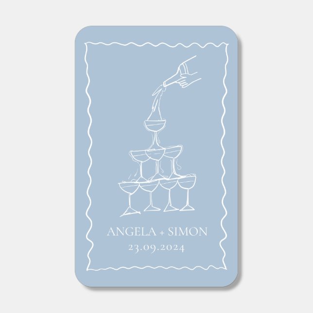 Hand drawn Champagne Tower Dusty Blue Wedding Matchboxes (Front)