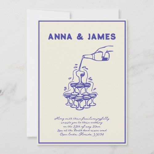 Hand Drawn Champagne Tower French blue wedding Invitation