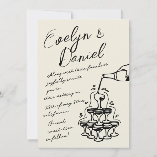 Hand Drawn Champagne Tower French Style wedding Invitation