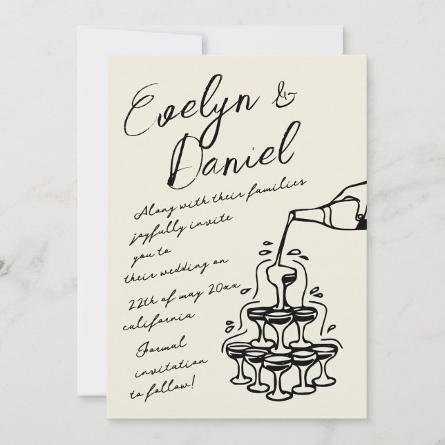 Hand Drawn Champagne Tower French Style wedding Invitation (Front)