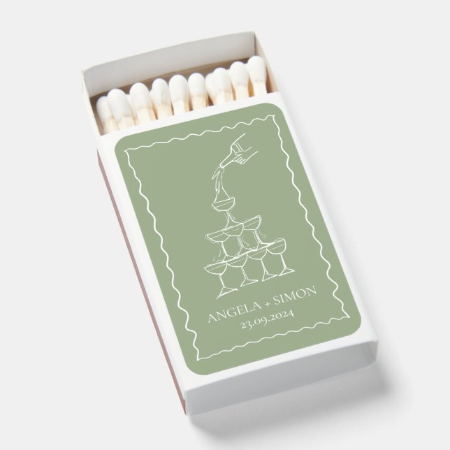 Hand drawn Champagne Tower Green Wedding Matches (Front Open)