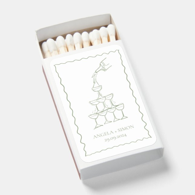 Hand drawn Champagne Tower Green Wedding Matches (Front Open)