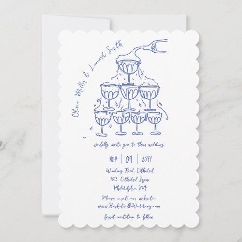 Hand_drawn champagne tower save the date wedding invitation