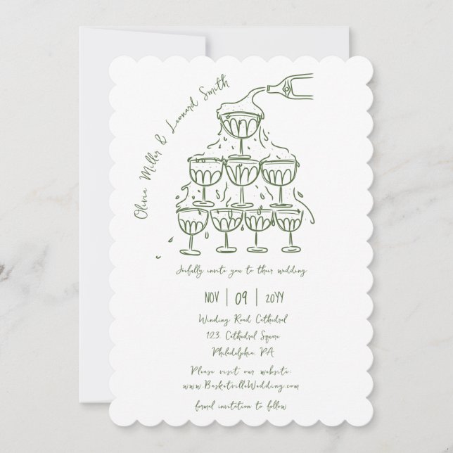 Hand-drawn champagne tower save the date wedding invitation (Front)
