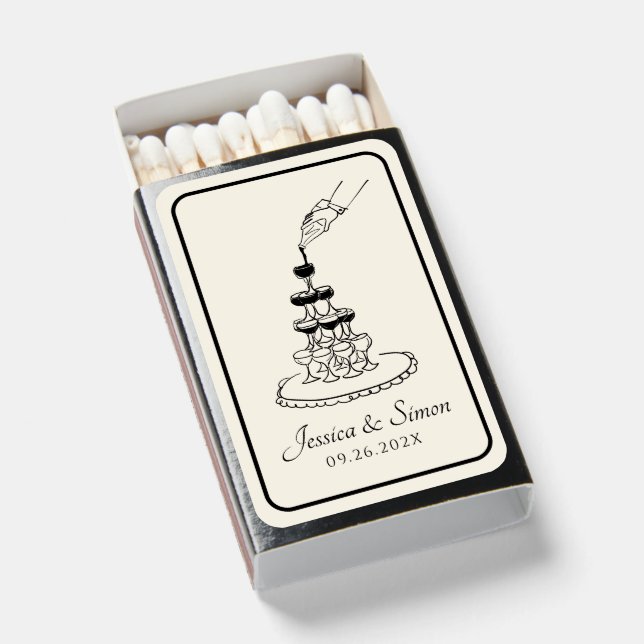 Hand drawn Champagne Tower Vintage Wedding Matchboxes (Front Open)