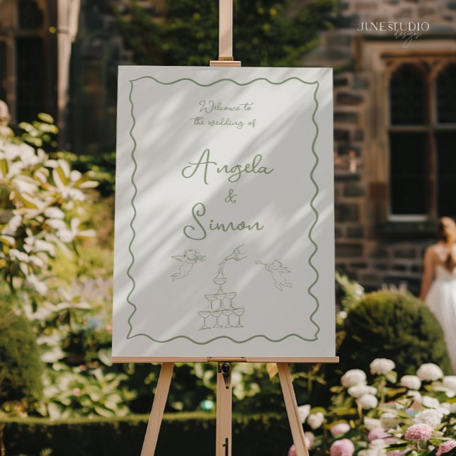 Hand drawn Champagne Tower Wedding Welcome Sign (wavy sage green wedding welcome sign, champage tower illustrated vintage inspired wedding welcome)