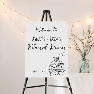 Hand drawn champagne tower welcome rehearsal dinne foam board