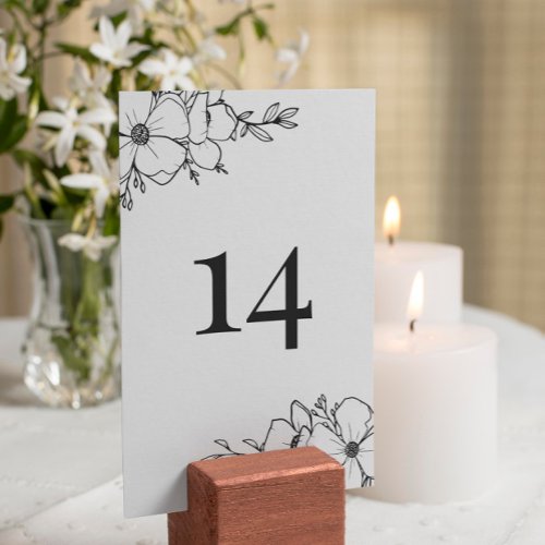 Hand Drawn Charcoal  White Flowers Table Number
