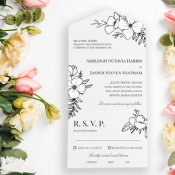 Hand Drawn Charcoal & White Flowers Wedding  All In One Invitation by Paperpaperpaper at Zazzle