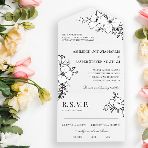 Hand Drawn Charcoal  White Flowers Wedding  All In One Invitation