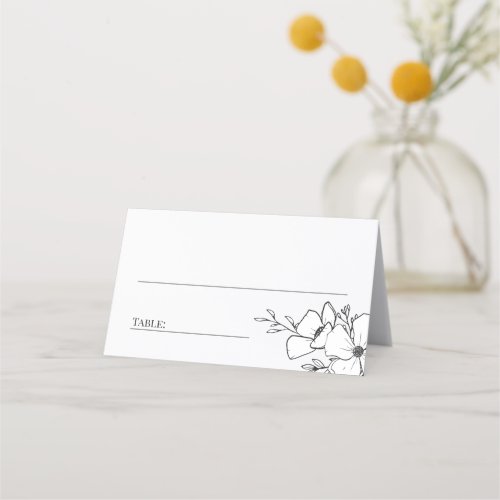 Hand Drawn Charcoal  White Flowers Wedding Place Card